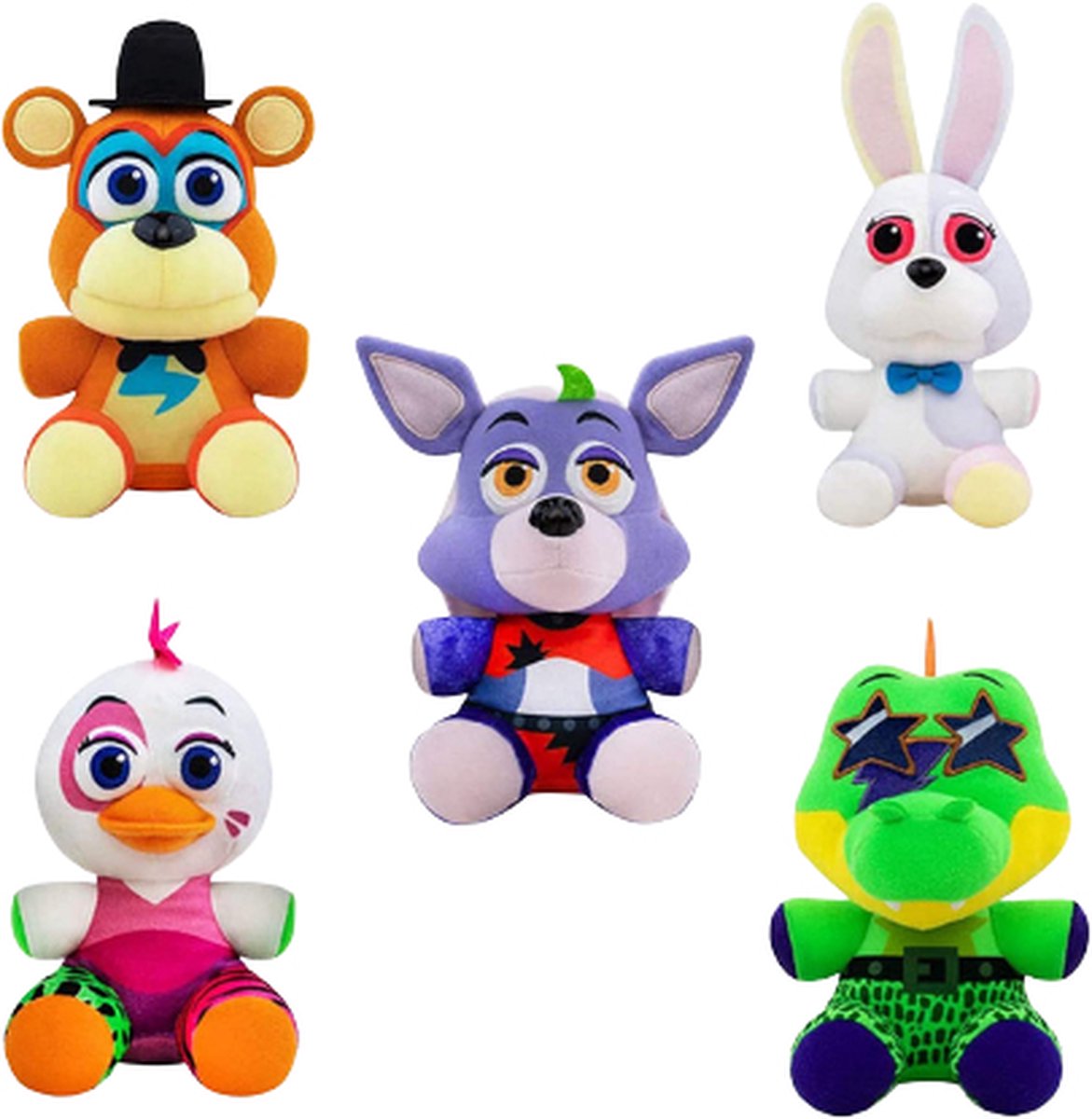 Five Nights At Freddys Security Breach Combideal - Knuffel - pluche - 5 knuffels - Glamrock Freddy - Glamrock Chica - Roxanne Wolf - Montgomery Gator - Vannie